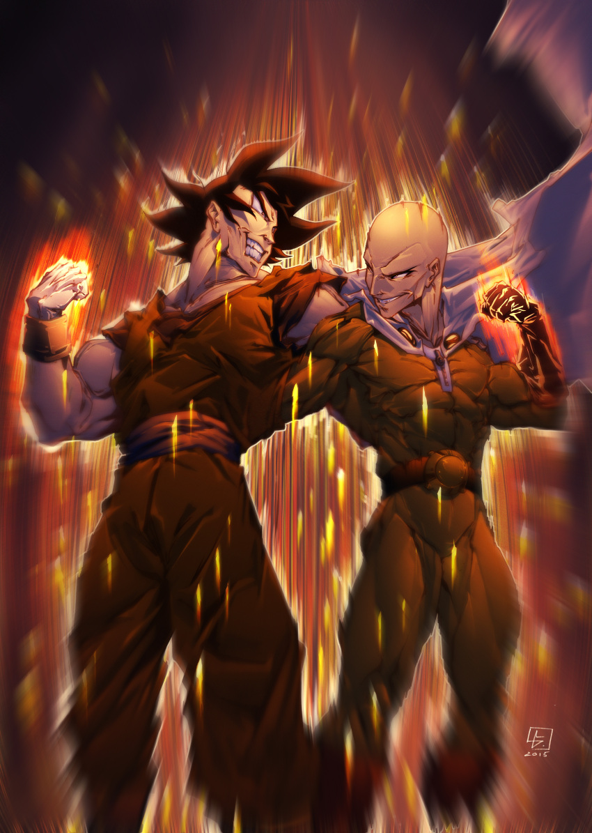 2boys abs absurdres artist_name bald black_hair bodysuit cape clenched_hand crossover dougi dragon_ball glint gloves highres looking_at_another luis_figueiredo male_focus multiple_boys muscular one-punch_man orange_pants orange_robe orange_shirt pants robe saitama_(one-punch_man) shirt short_sleeves signature smile son_goku spiked_hair standing teeth white_cape yellow_bodysuit