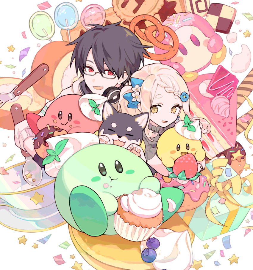 1boy 1girl black-framed_eyewear black_hair blue_bow blue_flower bow box braid cake cake_slice confetti cookie cream cup flower food fork gift gift_box glasses hair_bow hair_flower hair_ornament headphones headphones_around_neck highres iv_4t kirby kirby's_dream_buffet kirby_(series) kuroi_shiba light_brown_hair long_hair machita_chima neckerchief nijisanji pancake pretzel red_eyes shiba_inu spoon star_(symbol) strawberry_shortcake swiss_roll teacup virtual_youtuber waddle_dee yellow_eyes yellow_neckerchief yumeoi_kakeru