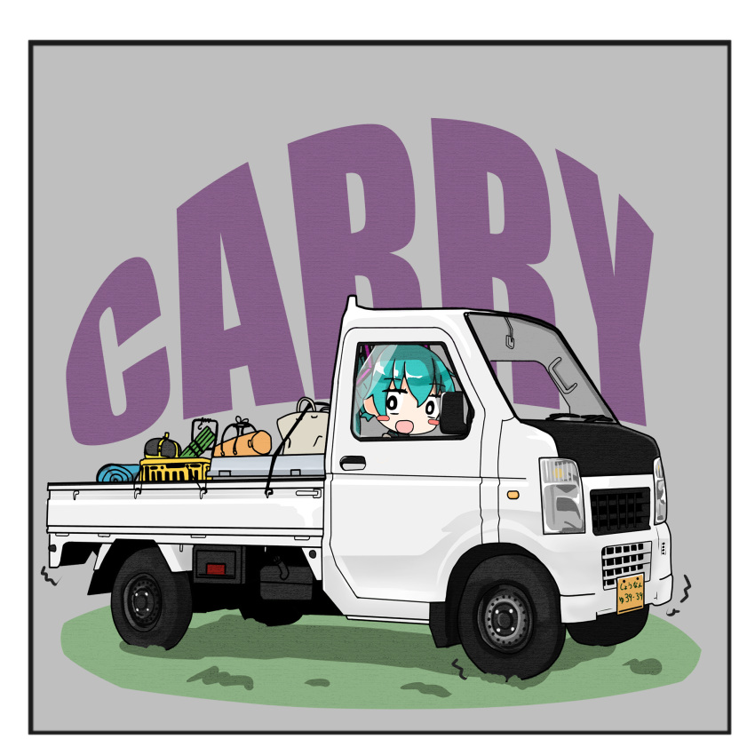 1girl aqua_hair blush_stickers car chibi dora_(dr3032) grey_background hatsune_miku highres looking_at_viewer motor_vehicle open_mouth pickup_truck shadow solo suzuki_carry truck vehicle_focus vocaloid white_car