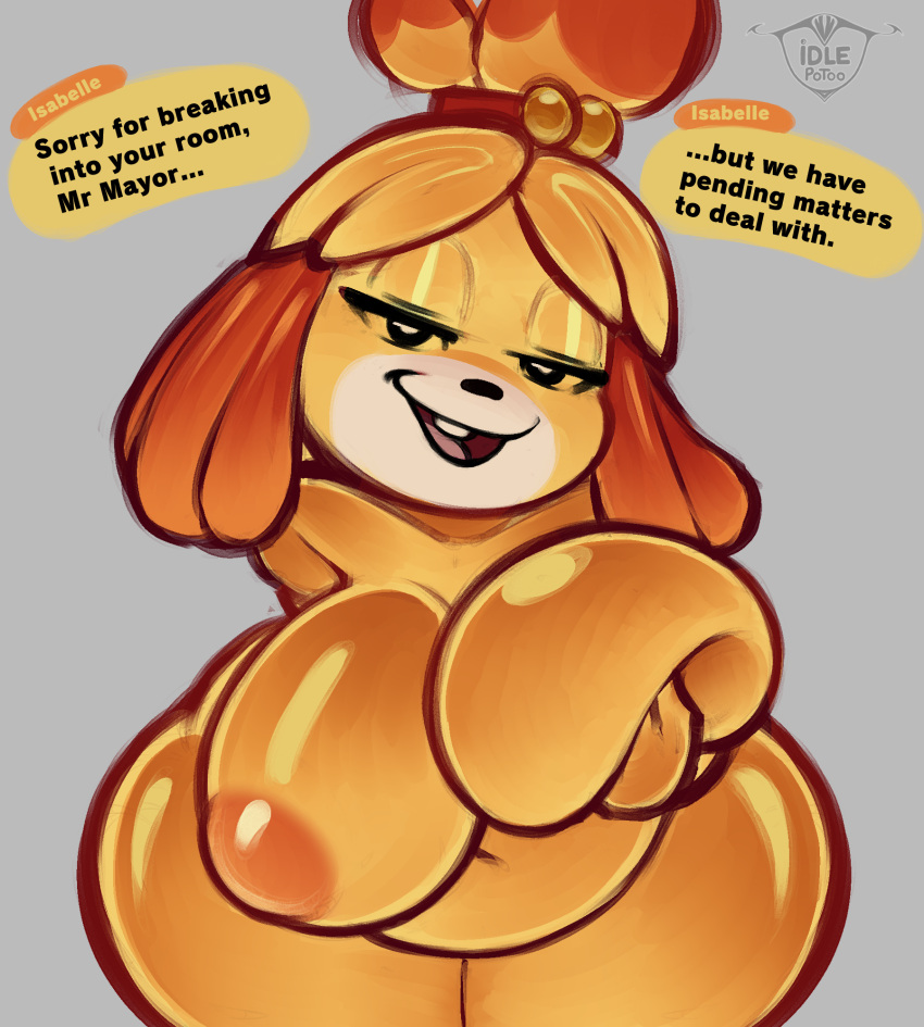 animal_crossing anthro bell belly big_breasts breasts chubby_anthro chubby_female curvy_figure english_text exposed_breasts fur hair hi_res idlepotoo isabelle_(animal_crossing) nintendo overweight overweight_anthro short_stack smile speech_bubble text text_box thick_thighs voluptuous wide_hips yellow_body yellow_fur
