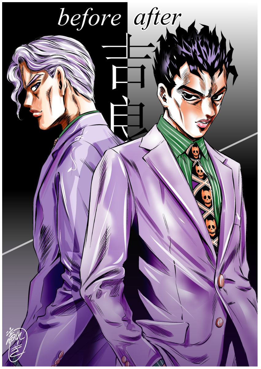 2boys before_and_after black_eyes black_hair commentary_request diamond_wa_kudakenai dual_persona hands_in_pockets highres jacket jojo_no_kimyou_na_bouken kawajiri_kosaku kira_yoshikage male_focus multiple_boys purple_hair purple_jacket shirt signature spiked_hair striped striped_shirt suit taki_reki