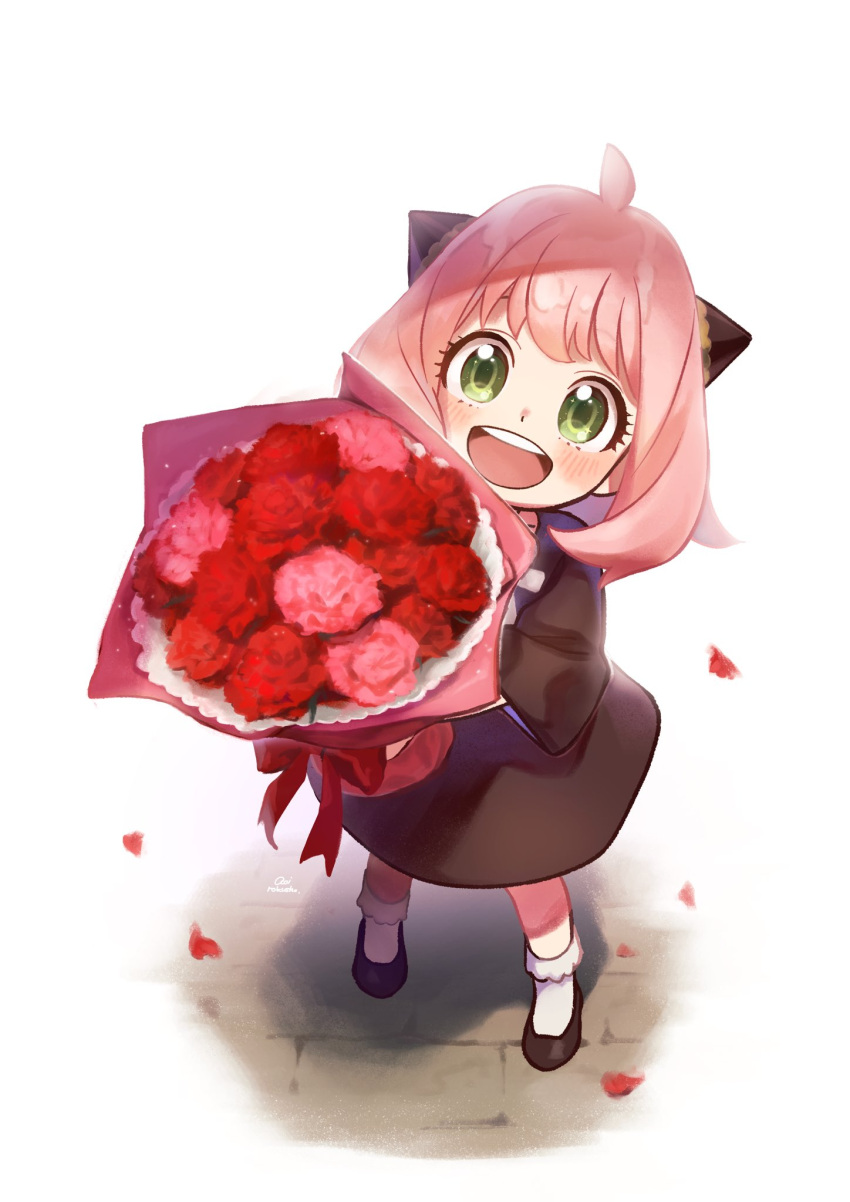 1girl ahoge anya_(spy_x_family) aoi_rokushou black_dress black_footwear blush bouquet bow child commentary_request dress falling_petals female_child flower from_above full_body green_eyes hairpods highres holding holding_bouquet looking_at_viewer looking_up medium_hair mother's_day open_mouth petals pink_hair pov red_bow red_flower red_rose rose shoes simple_background smile socks solo spy_x_family standing teeth upper_teeth_only white_socks