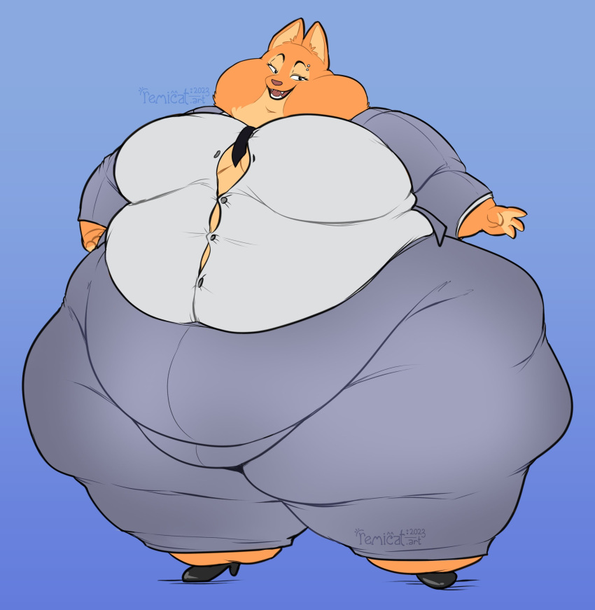2023 3:4 4_fingers absurd_res anthro belly belly_overhang big_belly big_breasts black_tie_(suit) breasts canid canine chubby_cheeks clothing colored curved_eyebrows diane_foxington digital_drawing_(artwork) digital_media_(artwork) double_chin dreamworks dress_shirt english_text eyebrow_piercing eyebrows eyelashes facial_piercing female fingers footwear fox fur glistening glistening_eyes gradient_background hand_on_hip hi_res high_heels huge_breasts huge_hips huge_thighs mammal morbidly_obese morbidly_obese_female narrowed_eyes obese obese_female open_mouth open_smile orange_body orange_fur overweight overweight_female piercing pupils raised_eyebrows remivalism shirt simple_background small_pupils smile solo suit text the_bad_guys thick_thighs tight_clothing tight_topwear topwear watermark