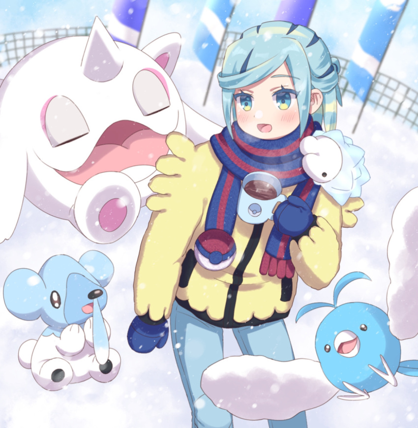 1boy :d aqua_eyes blue_mittens blush cetoddle commentary_request cubchoo cup day eyelashes green_hair grusha_(pokemon) happy holding holding_cup ichigomilk1515 jacket long_sleeves male_focus mug on_shoulder open_mouth outdoors pants pokemon pokemon_(creature) pokemon_(game) pokemon_on_shoulder pokemon_sv smile snom snowing standing steam swablu tongue yellow_jacket