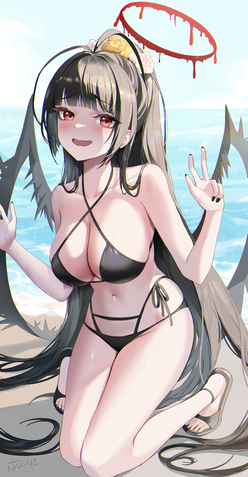 1girl artist_name beach bikini black_bikini black_footwear black_hair black_nails black_wings blue_archive blunt_bangs blush breasts cleavage collarbone commentary criss-cross_halter day fang flower hair_flower hair_ornament halo halterneck hands_up high_ponytail highres kneeling knees_together_feet_apart large_breasts long_hair looking_at_viewer low_wings nakar34ra navel ocean open_mouth outdoors red_eyes red_halo sandals side-tie_bikini_bottom smile solo stomach swimsuit tsurugi_(blue_archive) very_long_hair w wide_ponytail wings