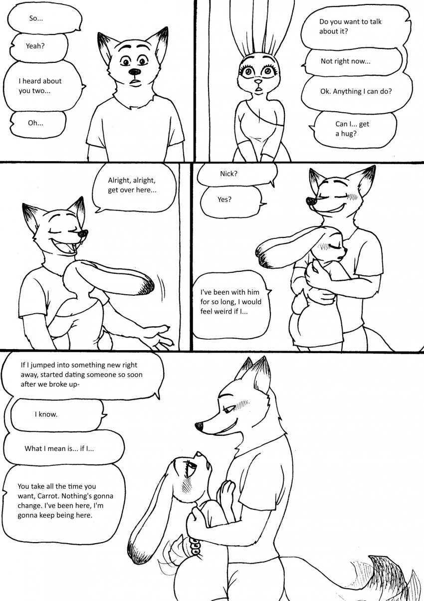 2023 4_fingers anthro bernielover bernielover's_college_au breasts butt canid canine claws clothed clothing comforting comic dialogue disney duo embrace english_text fangs female finger_claws fingers fox fur hi_res hug humanoid_hands judy_hopps lagomorph leporid male male/female mammal nick_wilde open_mouth open_smile rabbit shirt smile t-shirt tail tail_motion tailwag teeth text tongue topwear zootopia