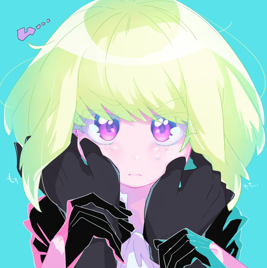 2boys black_gloves black_jacket blonde_hair blue_background blush galo_thymos gloves half_gloves highres holding_another's_wrist jacket lio_fotia looking_at_viewer looking_up male_focus multiple_boys otoko_no_ko pov pov_hands promare purple_eyes short_hair sidelocks solo_focus sweatdrop v-shaped_eyebrows yzyz630