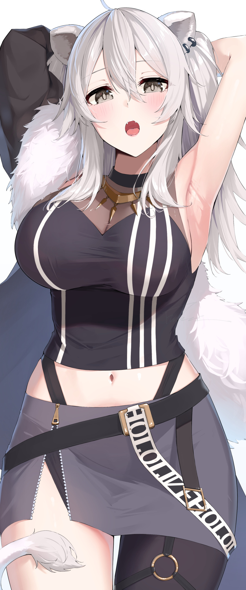 1girl absurdres ahoge animal_ears armpits belt black_belt black_jacket black_pantyhose black_shirt blush breasts cleavage commentary_request crop_top ear_piercing fangs fukuiii0110 fur-trimmed_jacket fur_trim grey_eyes grey_skirt hair_between_eyes highres hololive jacket jacket_partially_removed jewelry large_breasts lion_ears lion_girl lion_tail long_hair looking_at_viewer midriff miniskirt navel necklace o-ring o-ring_thigh_strap open_clothes open_jacket open_mouth pantyhose piercing see-through see-through_cleavage shirt shishiro_botan shishiro_botan_(1st_costume) simple_background single_leg_pantyhose skin_tight skirt sleeveless sleeveless_shirt solo tail thigh_strap virtual_youtuber white_background zipper_skirt
