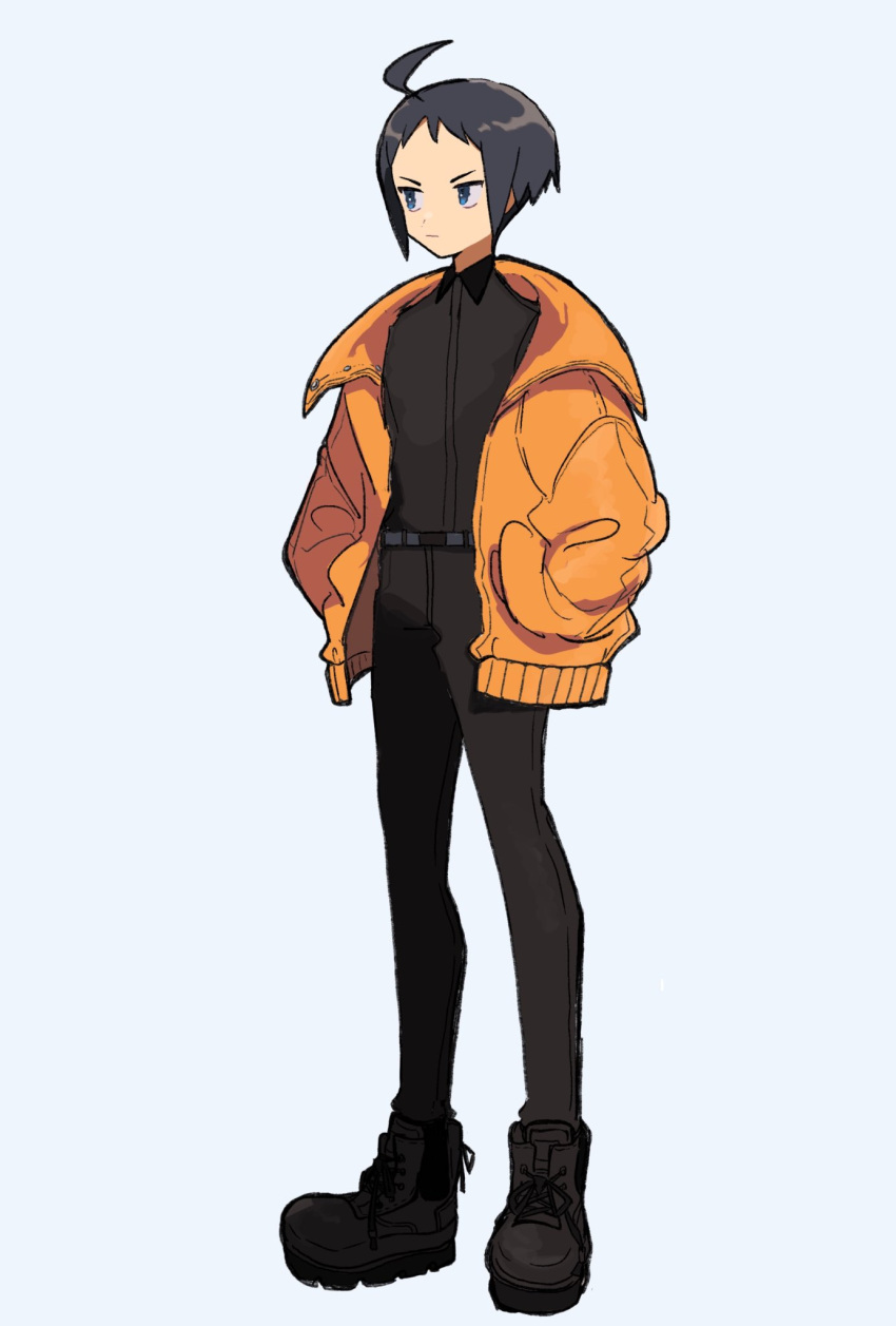 1boy ahoge alternate_costume black_footwear black_hair black_pants black_shirt boots cheren_(pokemon) closed_mouth collared_shirt eneko_(olavcnkrpucl16a) full_body hands_in_pockets highres jacket male_focus open_clothes open_jacket orange_jacket pants pokemon pokemon_(game) pokemon_bw shirt short_hair simple_background solo standing white_background