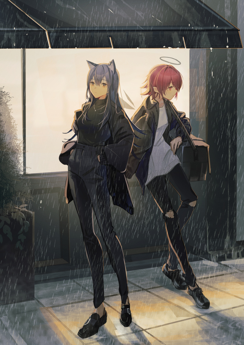 2girls absurdres arknights awning bag black_bag black_coat black_footwear black_hair black_pants black_shirt coat detached_wings energy_wings exusiai_(arknights) full_body halo highres jacket knee_cutout long_sleeves multiple_girls natsuba002 night open_clothes open_coat open_jacket outdoors pants rain red_hair ribbed_shirt shirt shoes short_hair shoulder_bag standing texas_(arknights) white_shirt wings