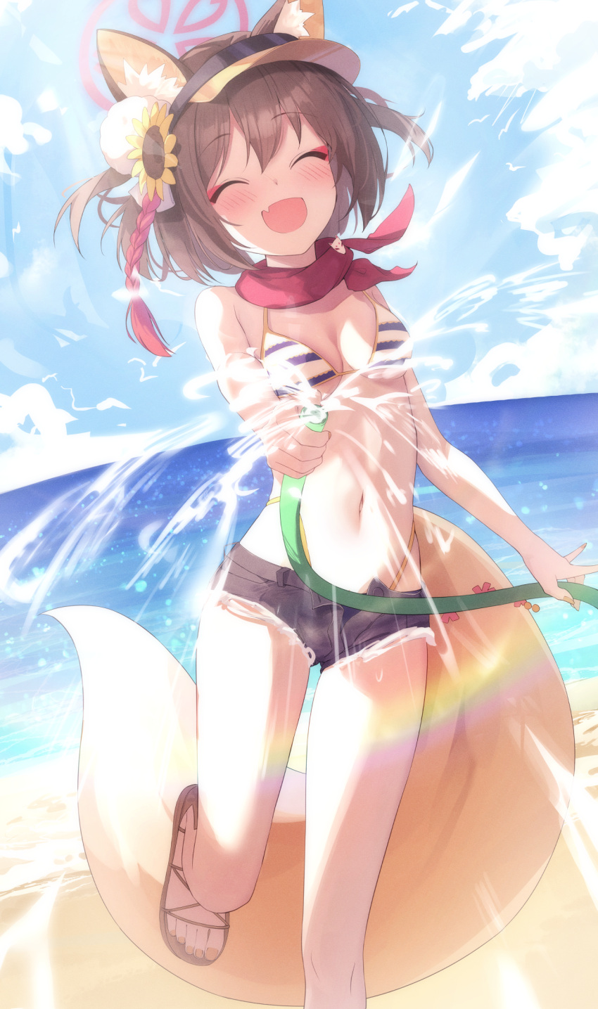 1girl animal_ears beach bikini bitseon black_shorts blue_archive blush breasts brown_hair closed_eyes day eyeshadow facing_viewer flower foot_out_of_frame fox_ears fox_tail hair_between_eyes hair_flower hair_ornament highres holding holding_hose hose izuna_(blue_archive) izuna_(swimsuit)_(blue_archive) makeup navel ocean official_alternate_costume open_fly open_mouth outdoors red_eyeshadow red_scarf scarf short_hair short_shorts shorts small_breasts smile solo striped striped_bikini swimsuit tail toes yellow_flower