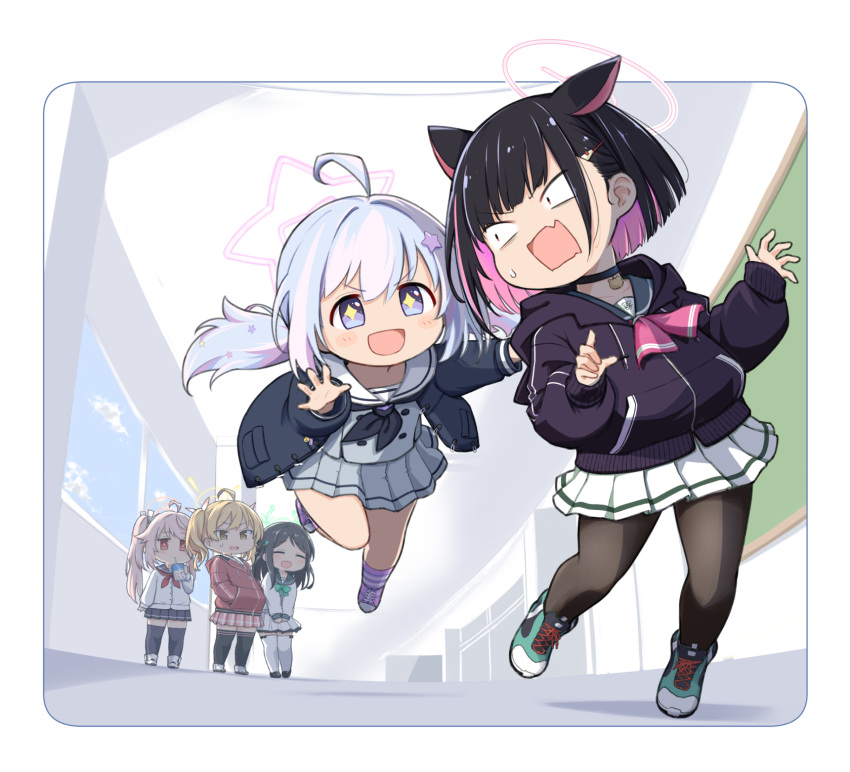 5girls ahoge airi_(blue_archive) animal_ears black_hair black_jacket black_pantyhose blonde_hair blue_archive blue_hair blue_jacket blue_neckerchief cat_choker chibi colored_inner_hair fang god_razor grey_serafuku hallway halo highres imminent_hug jacket kazusa_(blue_archive) long_sleeves looking_at_another multicolored_hair multiple_girls natsu_(blue_archive) neckerchief open_mouth pantyhose pink_hair pleated_skirt reisa_(blue_archive) sailor_collar school_uniform serafuku side_ponytail skin_fang skirt sparkling_eyes star_halo streaked_hair sweat tackle twintails white_sailor_collar white_skirt yoshimi_(blue_archive)