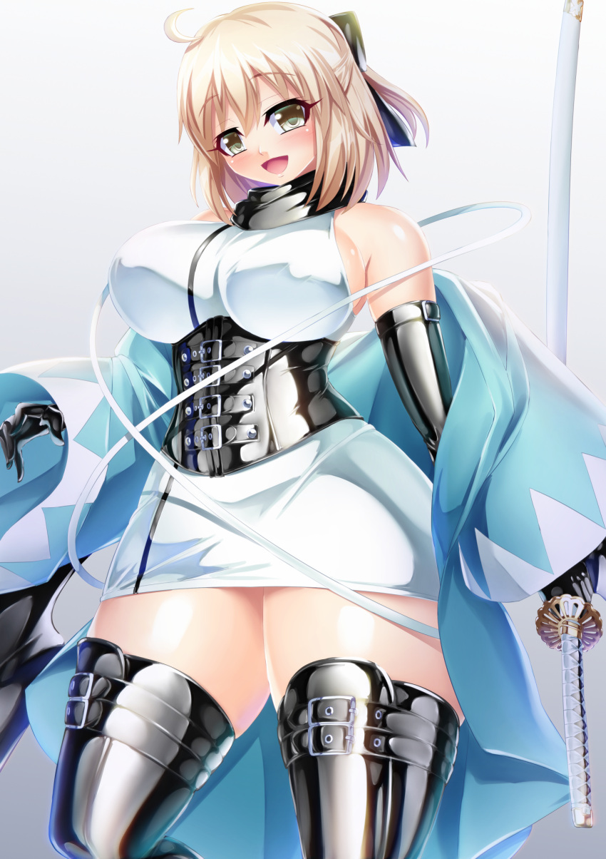 1girl ahoge arm_guards black_bow black_corset black_scarf blonde_hair bow breasts corset cowboy_shot elbow_gloves fate/grand_order fate_(series) gloves haori highres holding holding_sword holding_weapon japanese_clothes katana kimono kogawawaki koha-ace large_breasts latex latex_collar latex_corset latex_gloves latex_thighhighs oda_uri off_shoulder okita_souji_(fate) okita_souji_(koha-ace) sash scarf shinsengumi shiny_clothes short_kimono sideboob sleeveless sleeveless_kimono smile solo sword thigh_strap thighhighs thighs tight weapon white_kimono yellow_eyes zettai_ryouiki