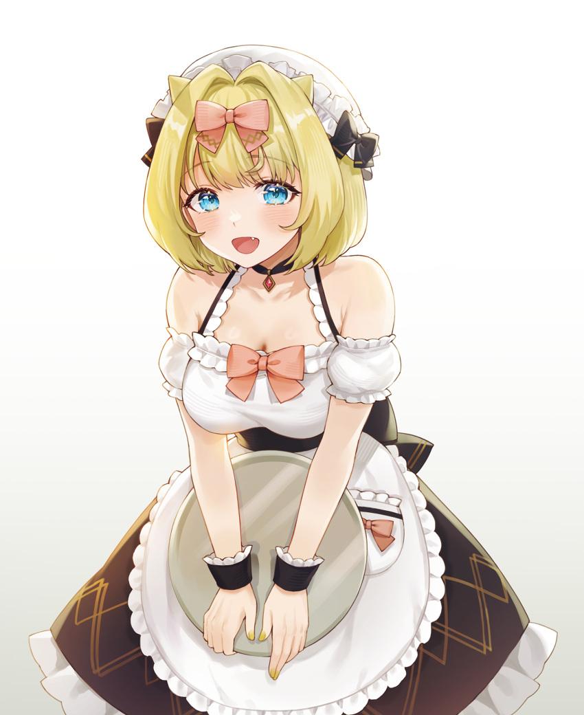 1girl :d apron bare_shoulders black_bow black_skirt blonde_hair blue_eyes blush bow breasts brown_dust_2 detached_sleeves fang frilled_apron frills hair_bow hair_intakes hat hat_bow highres holding holding_tray looking_at_viewer medium_breasts mob_cap nail_polish noixen open_mouth pink_bow puffy_short_sleeves puffy_sleeves short_hair short_sleeves simple_background skirt smile solo tray white_apron white_background white_headwear wrist_cuffs yellow_nails