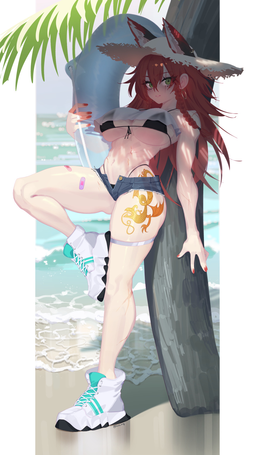 1girl absurdres animal_ears bandaid_on_thigh bikini black_bikini braid character_request eonsang girls'_frontline green_eyes hat highres innertube looking_at_viewer micro_shorts navel palm_tree parted_lips red_hair red_nails scar scar_across_eye shoes shorts sneakers solo straw_hat swimsuit tattoo tree