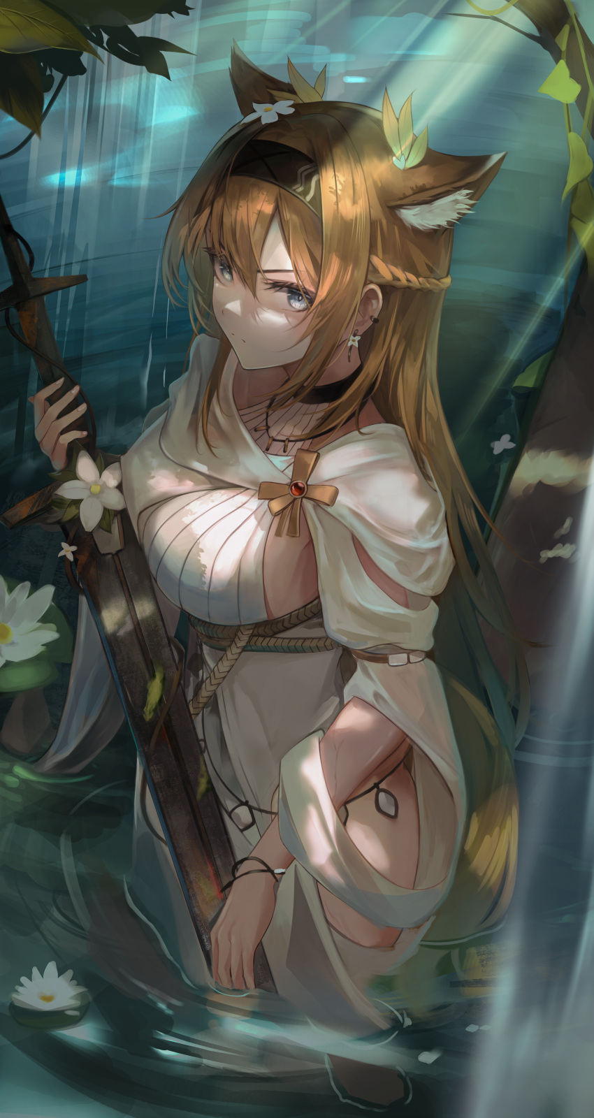 1girl absurdres animal_ears arknights blue_eyes braid breasts brown_hair dress earrings flower hair_ornament halterneck headband highres holding holding_sword holding_weapon horn_(arknights) horn_(to_effloresce_whitely)_(arknights) jewelry lake leaf_hair_ornament long_hair looking_at_viewer lotus medium_breasts necklace official_alternate_costume outdoors partially_submerged serious side_braid sideboob sion_(im10042m) solo sword thighs very_long_hair weapon white_dress wrist_straps
