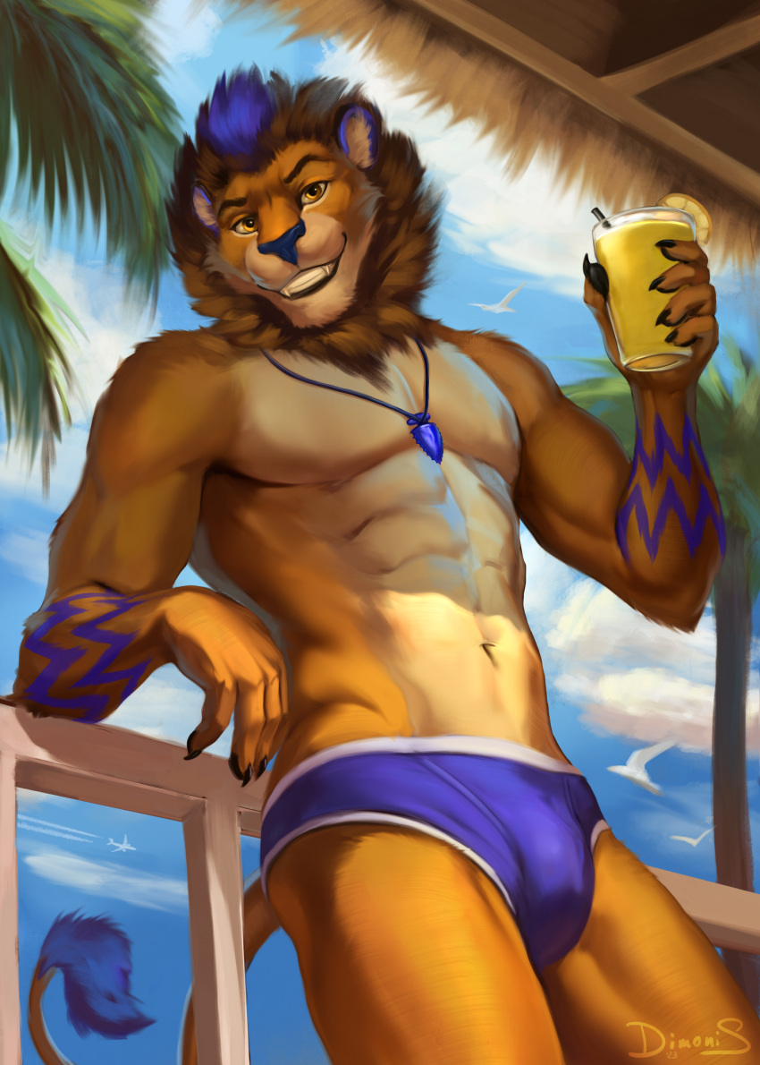 2023 age_difference alcohol anthro athletic athletic_anthro beach beverage clothing cocktail cocktail_glass container cup detailed_background digital_drawing_(artwork) digital_media_(artwork) dimonis drinking_glass felid fur glass glass_container glass_cup hair hi_res lion looking_at_viewer male mammal muscular muscular_anthro muscular_male navel palm_tree pantherine pendant plant purple_ears purple_hair purple_tail seaside shaded signature sky smile solo swimwear tail teeth tree underwear water watermark yellow_eyes young younger_male