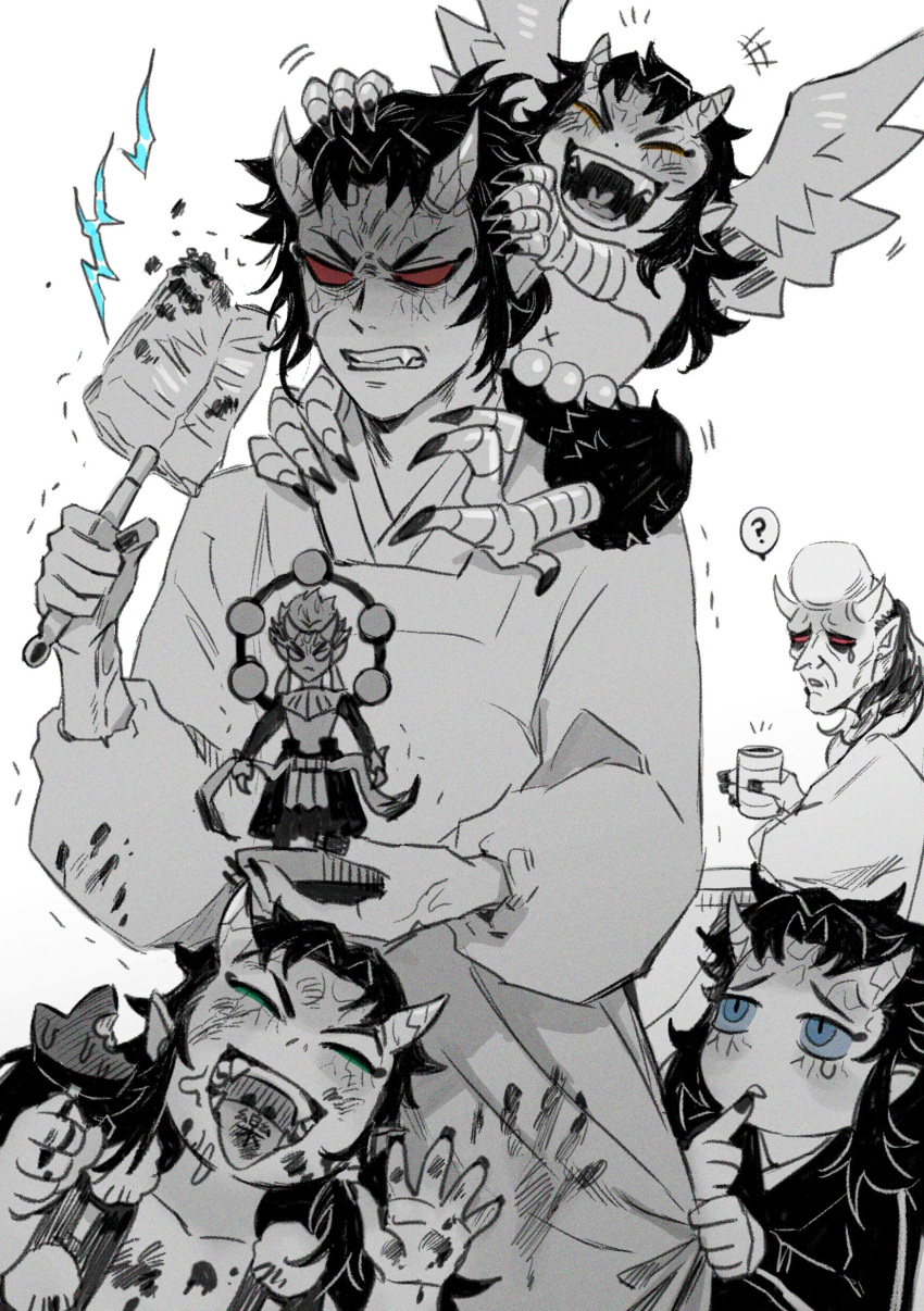 5boys ? absurdres aizetsu_(kimetsu_no_yaiba) anger_vein angry apron bald blank_eyes blue_eyes blue_sclera body_writing carrying character_doll child claws clenched_teeth clothes_grab colored_sclera cup demon_boy dirty dirty_clothes dirty_face dirty_hands drooling duster egyuuu fang fangs figure finger_to_mouth folded_ponytail food green_eyes hair_up half-closed_eyes hand_up handprint hands_on_another's_head hands_up hantengu_(kimetsu_no_yaiba) happy harpy_boy heart heart_in_mouth highres holding holding_cup holding_duster holding_food holding_toy horns kappougi karaku_(kimetsu_no_yaiba) kimetsu_no_yaiba laughing long_hair long_sleeves looking_at_another looking_at_viewer looking_to_the_side looking_up male_child monochrome monster_boy multiple_boys nail_polish open_mouth playing pointy_ears red_sclera sekido_(kimetsu_no_yaiba) short_hair shoulder_carry sidelocks simple_background spoken_question_mark spot_color talons tears teeth text_in_mouth tongue tongue_out topless_male toy trembling updo urogi_(kimetsu_no_yaiba) vest wings worried x_navel yellow_eyes yunomi zohakuten_(kimetsu_no_yaiba)