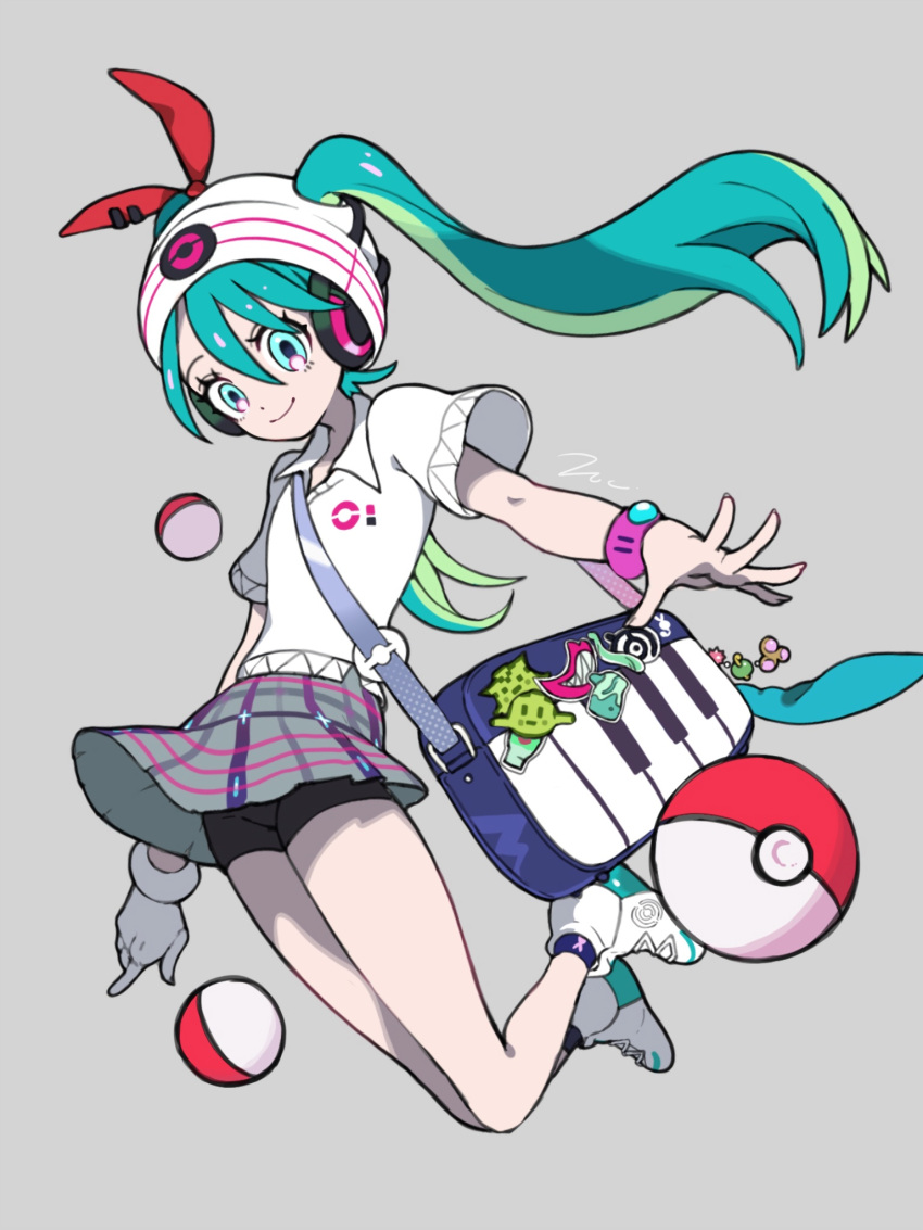 1girl aqua_hair bag bag_charm beanie black_shorts blue_bag blue_eyes blue_socks bracelet charm_(object) closed_mouth collared_shirt commentary_request full_body furo_usagi gloves green_hair grey_background grey_skirt hair_between_eyes hair_ribbon hat hatsune_miku headphones highres jewelry long_hair looking_at_viewer multicolored_hair piano_print plaid plaid_skirt pleated_skirt poke_ball poke_ball_(basic) pokemon polo_shirt project_voltage psychic_miku_(project_voltage) red_ribbon ribbon shirt shoes short_sleeves shorts shorts_under_skirt shoulder_bag simple_background single_glove skirt smile sneakers socks solo twintails very_long_hair vocaloid white_footwear white_gloves white_headwear white_shirt