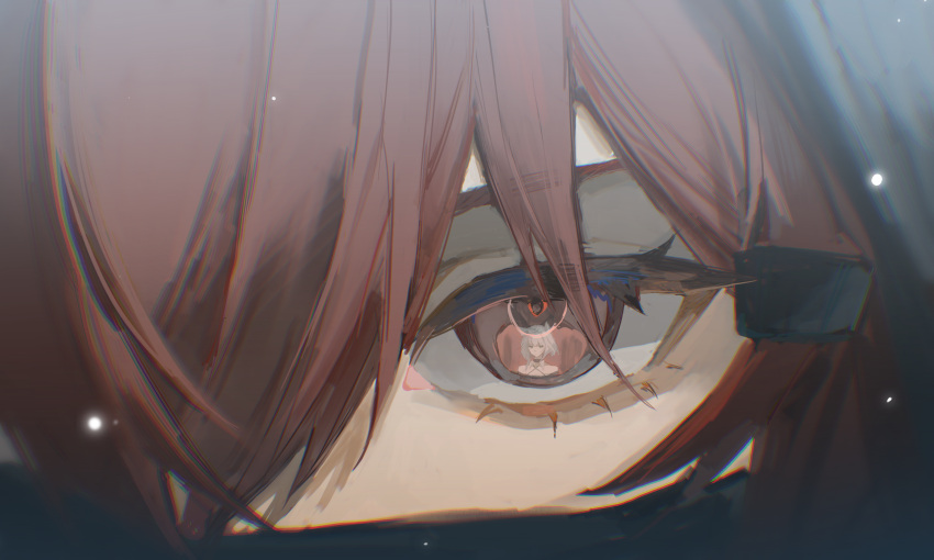 1girl 2girls absurdres arknights close-up crownslayer_(arknights) eye_focus eye_reflection hair_ornament hairclip highres kal'tsit_(arknights) looking_at_viewer multiple_girls red_eyes red_hair reflection solo_focus watanabe_kawa