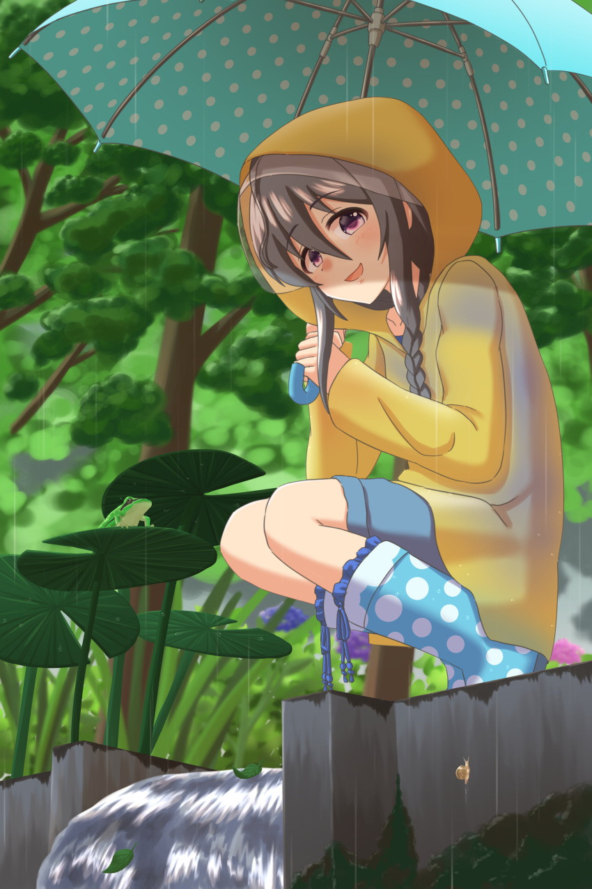 1girl absurdres blue_shorts blush boots braid brown_hair collarbone frog highres holding holding_umbrella hood hood_up hoshi_syoko idolmaster idolmaster_cinderella_girls kfatatat lily_pad open_mouth pink_eyes polka_dot polka_dot_footwear polka_dot_umbrella rain raincoat rubber_boots shorts snail solo squatting tree umbrella water waterfall yellow_raincoat