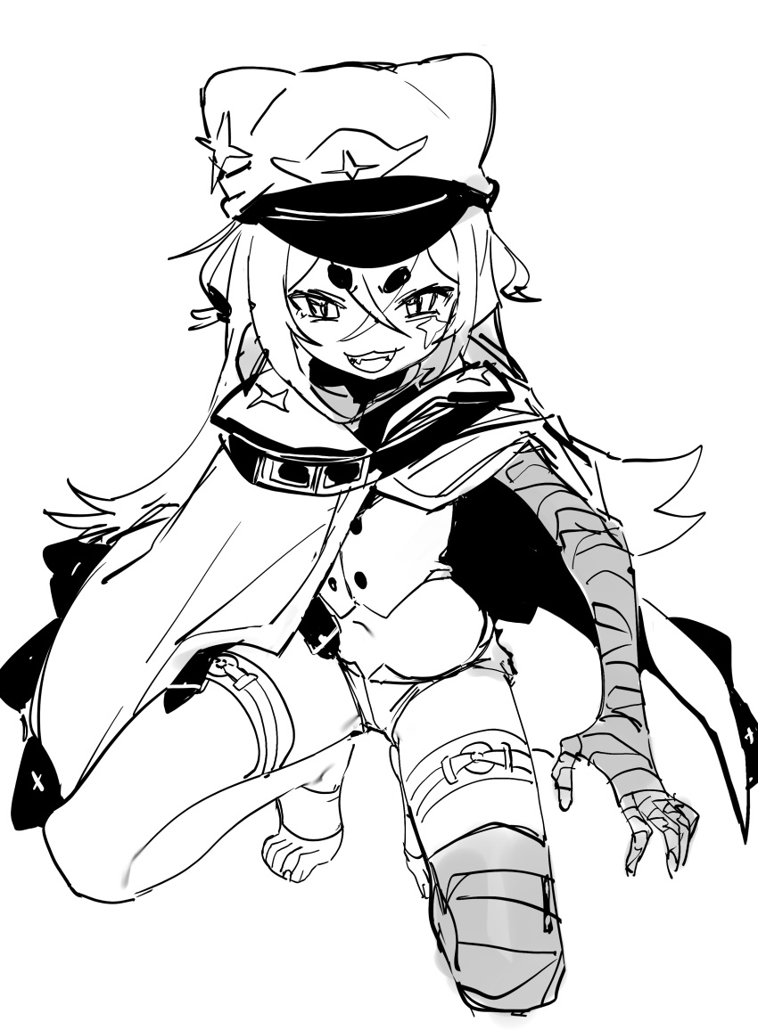 1girl absurdres aged_down arm_wrap belt cape crossed_bangs eds full_body grin guilty_gear hair_between_eyes hat highres leg_wrap long_hair looking_at_viewer monochrome navel ramlethal_valentine short_shorts shorts simple_background smile solo squatting star_(symbol) thick_eyebrows thigh_strap toeless_legwear toes white_background