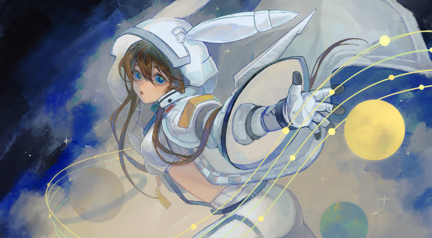 1girl :o absurdres amiya_(arknights) amiya_(guard)_(arknights) animal_ears arknights blue_eyes breasts brown_hair crop_top ear_covers gloves highres long_hair long_sleeves looking_at_viewer medium_breasts miaowubupa midriff official_alternate_costume open_mouth outstretched_arm pants planet rabbit_ears sidelocks solo white_gloves white_pants