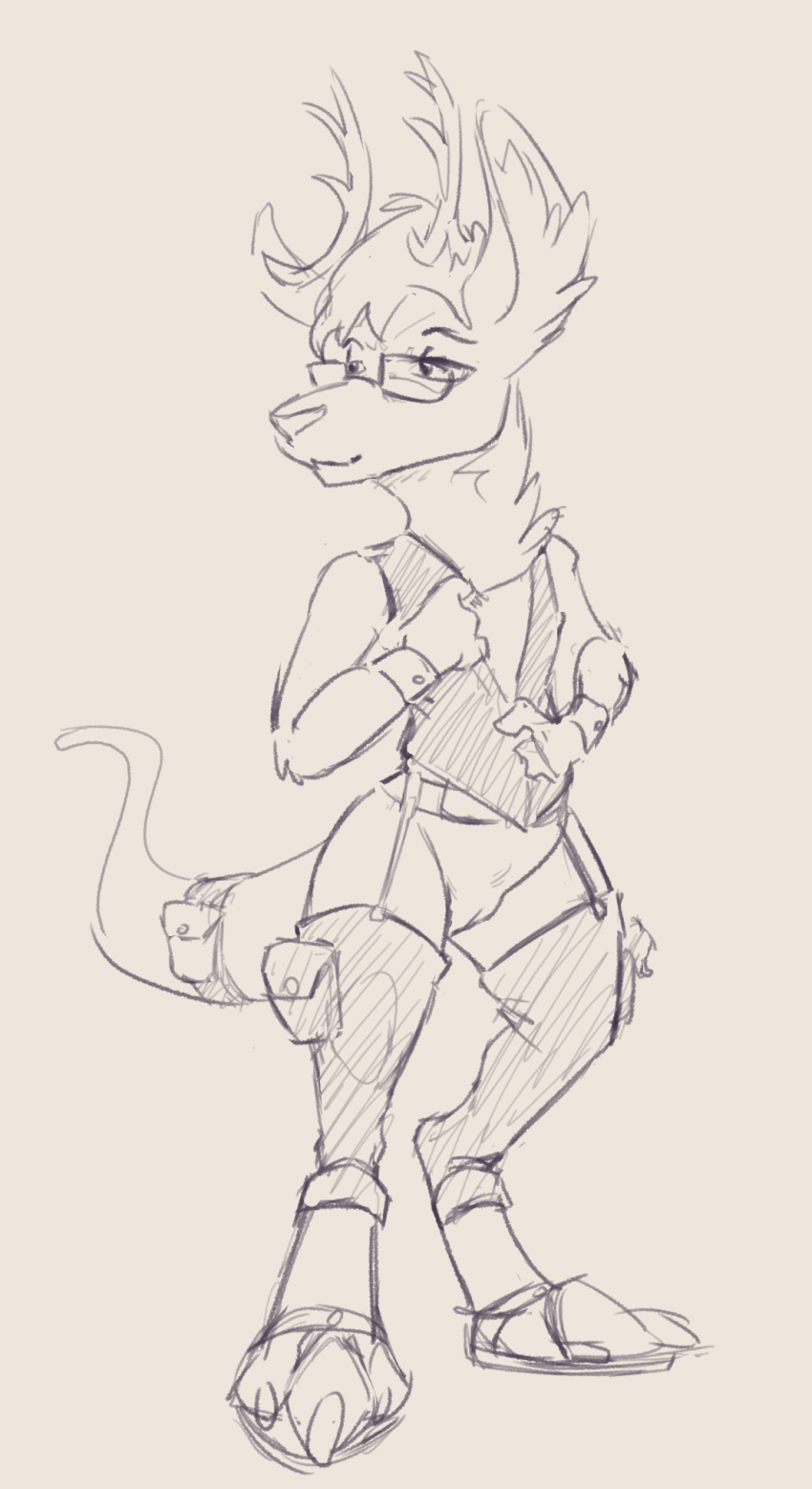 animancer antlers bottomless canid canine clothed clothing eyewear fennec fenneroo fox genitals glasses hi_res horn kangaroo macropod mammal marsupial pussy sketch tail_bags topwear vest vinta