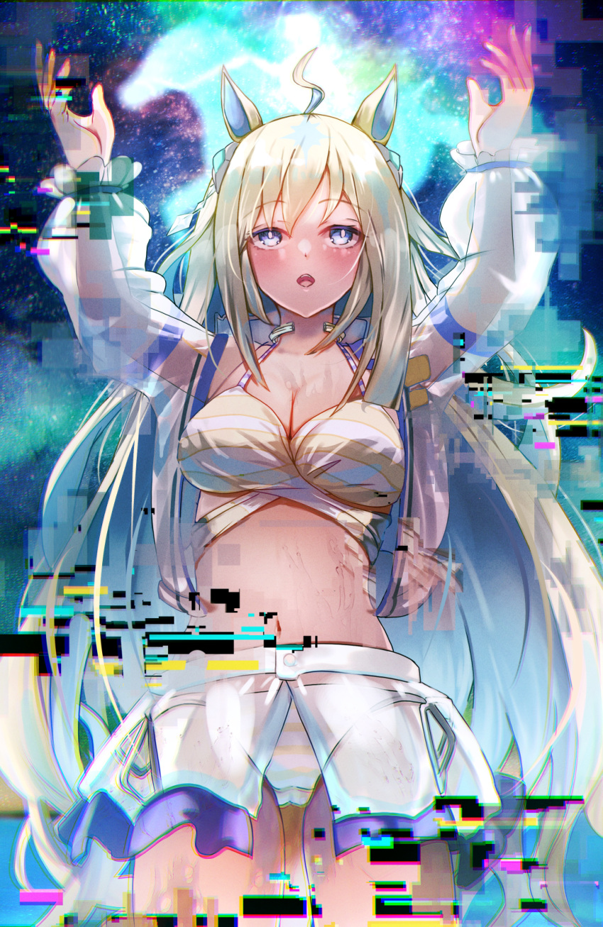 1girl ahoge animal_ears bikini blonde_hair blue_eyes breasts collarbone galaxy glitch highres horse_ears horse_girl horse_tail jacket kamome_(aiou0413) long_hair medium_breasts multicolored_hair navel neo_universe_(umamusume) open_mouth solo starry_background swimsuit tail two-tone_hair umamusume