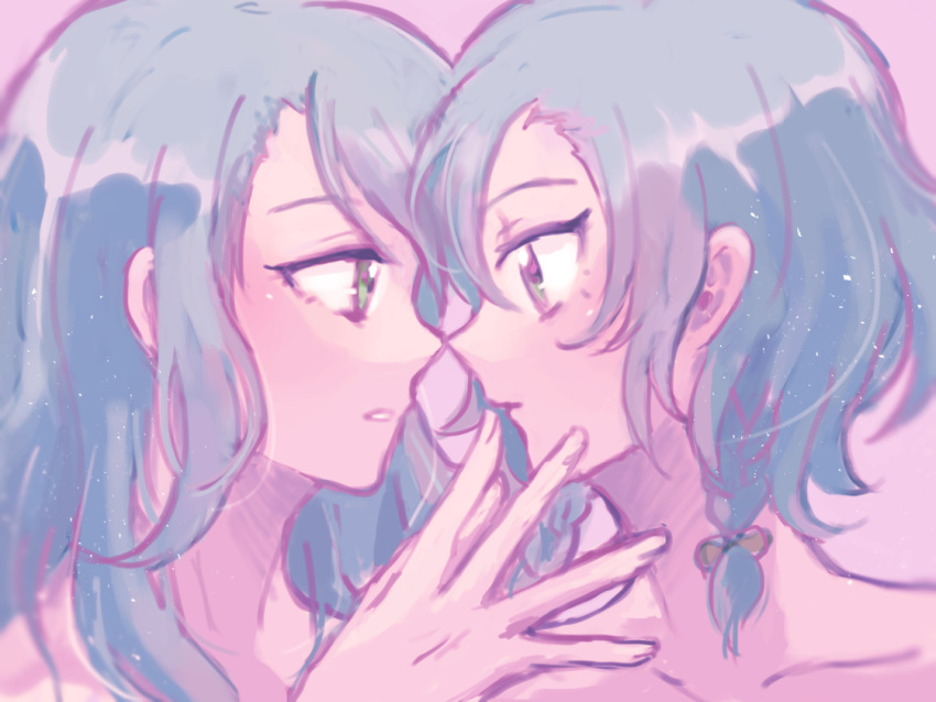 2girls aqua_hair bang_dream! bow braid hair_bow hikawa_hina hikawa_sayo imminent_kiss incest long_hair looking_at_another medium_hair multiple_girls nude outstretched_hand pii_(pxuy) siblings sisters twincest twins yuri