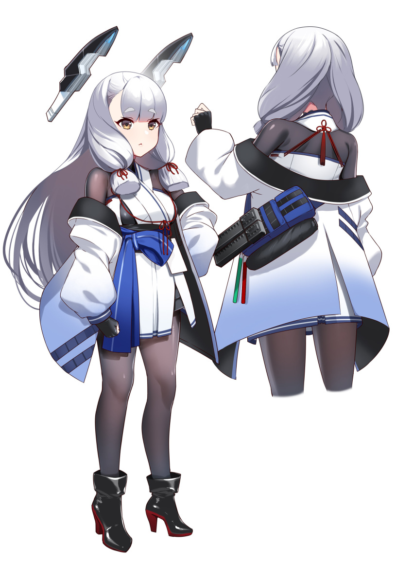 1girl absurdres alternate_costume ass black_footwear black_gloves black_pantyhose blunt_bangs breasts fingerless_gloves floating_headgear gloves grey_hair hair_ribbon headgear hiememiko high_heels highres jacket kantai_collection long_hair long_sleeves medium_breasts multiple_views murakumo_(kancolle) off_shoulder pantyhose puffy_long_sleeves puffy_sleeves ribbon short_eyebrows sidelocks tress_ribbon very_long_hair white_jacket yellow_eyes