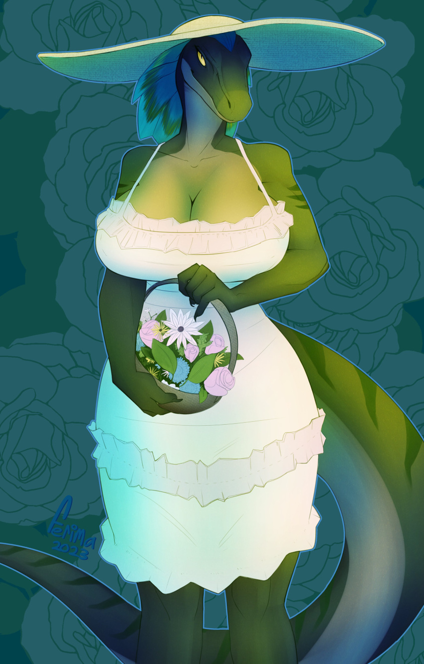 2023 5_fingers absurd_res anthro basket big_breasts breasts claws cleavage clothed clothing container countershading digital_media_(artwork) dinosaur dress dromaeosaurid female ferima fingers flower green_body head_feathers hi_res holding_object huge_breasts ixchel_(velocicopter) looking_at_viewer plant reptile scalie solo sundress tail theropod velociraptor wide_brim_hat yellow_sclera