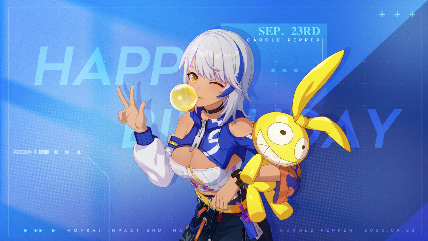 2023 asymmetrical_clothes black_choker blue_background bracelet breasts carole_peppers character_name chewing_gum choker cleavage dark-skinned_female dark_skin detached_sleeves happy_birthday highres holding holding_stuffed_toy homu_(honkai_impact) honkai_(series) honkai_impact_3rd jewelry large_breasts looking_at_viewer multicolored_hair official_alternate_costume official_art official_wallpaper one_eye_closed salute september single_bare_shoulder single_detached_sleeve skirt streaked_hair stuffed_animal stuffed_toy two-finger_salute upper_body white_hair white_sleeves yellow_eyes