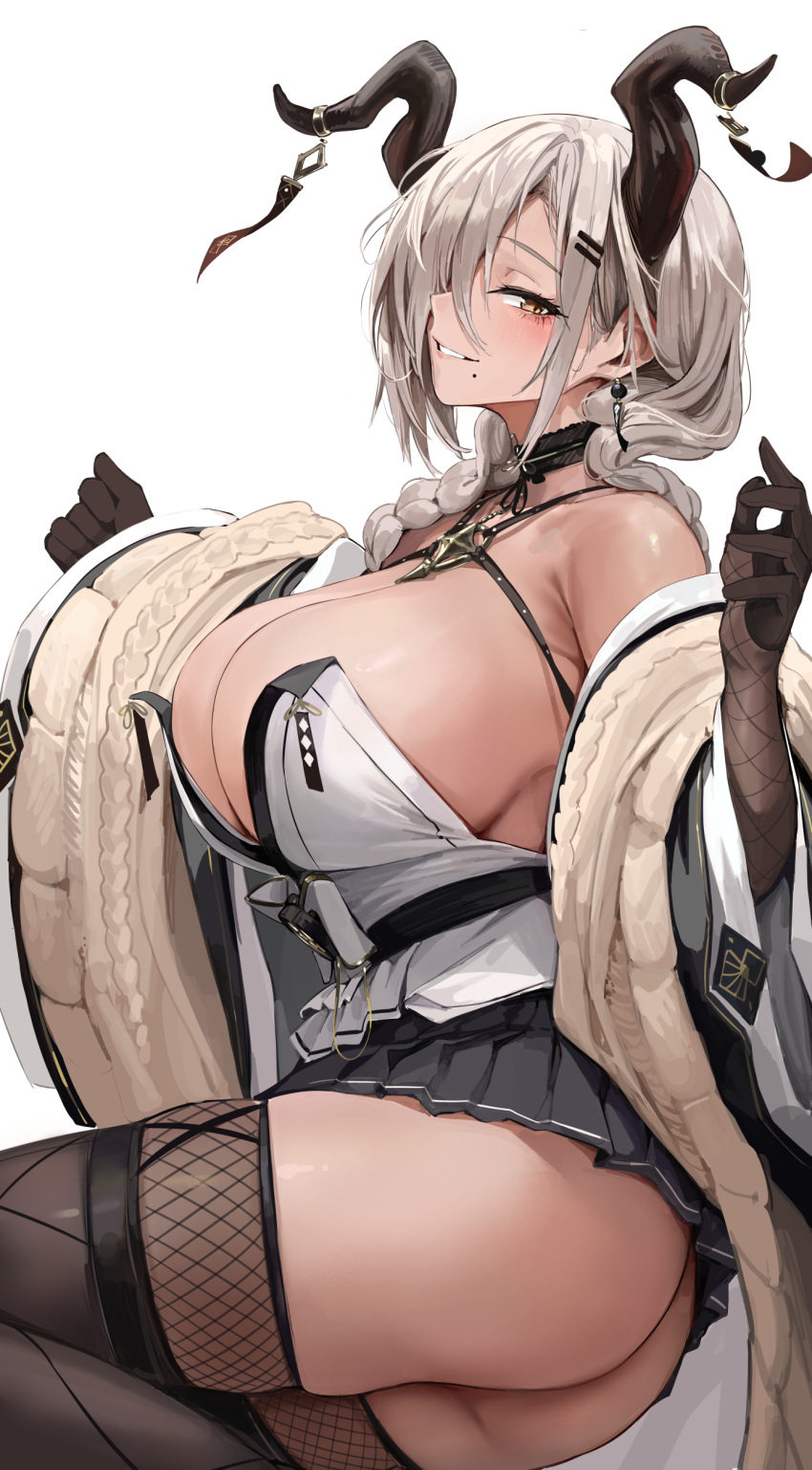 1girl absurdres ass azur_lane bare_shoulders black_gloves black_horns black_skirt black_thighhighs blush braid breasts chela77 commentary dark-skinned_female dark_skin earrings english_commentary from_side gloves hair_ornament hair_over_one_eye hairclip hands_up highres horn_ornament horns jewelry large_breasts long_hair miniskirt mole mole_under_mouth one_eye_covered owari_(azur_lane) parted_lips pleated_skirt sideways_glance simple_background skirt smile solo thighhighs thighs twin_braids white_background wide_sleeves yellow_eyes