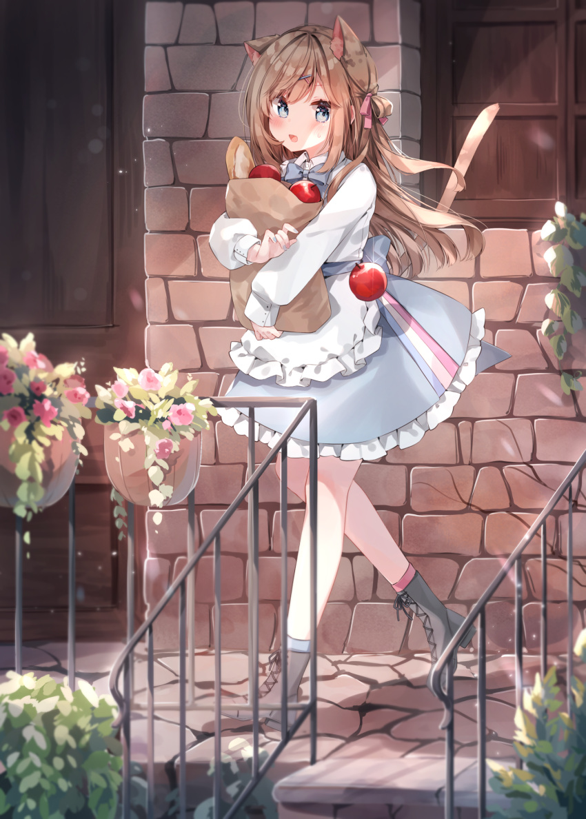 1girl animal_ears apple bag blue_eyes blush brown_hair building cat_ears cat_tail day dress extra_ears food fruit heripiro highres long_hair looking_at_viewer open_mouth original outdoors paper_bag solo tail