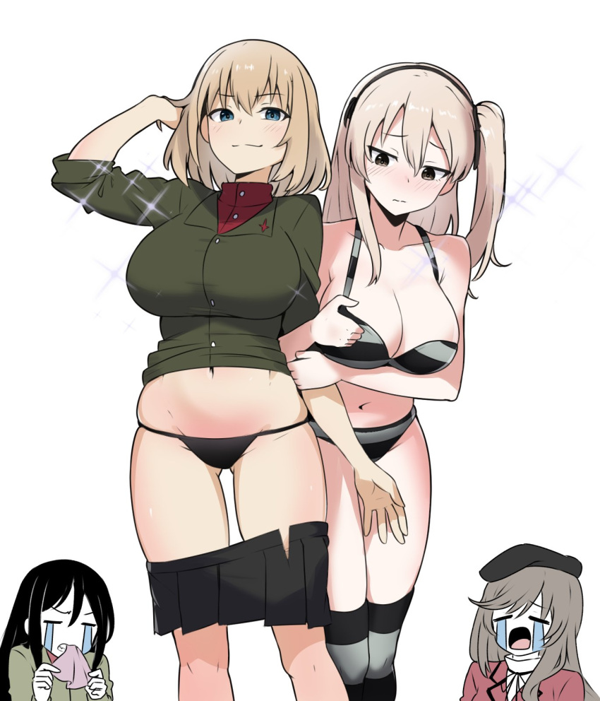 4girls aged_up amogan black_panties blonde_hair blue_eyes blush bra breasts brown_eyes brown_hair cleavage closed_mouth girls_und_panzer highres katyusha_(girls_und_panzer) large_breasts looking_at_viewer multiple_girls navel nonna_(girls_und_panzer) open_mouth panties shimada_arisu shimada_chiyo simple_background smile smug striped striped_bra striped_panties underwear white_background