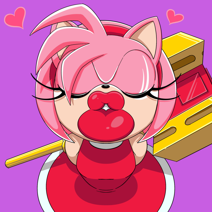 amy_rose anthro digital_media_(artwork) eulipotyphlan eyes_closed female first_person_view hedgehog hi_res imminent_kiss incoming_kiss kissing kissing_pov kissy_face lips lipstick makeup mammal nintendo pink_body puckered_lips red_lipstick sega simple_background solo sonic_the_hedgehog_(series) tekandprieda_(artist) thick_lips