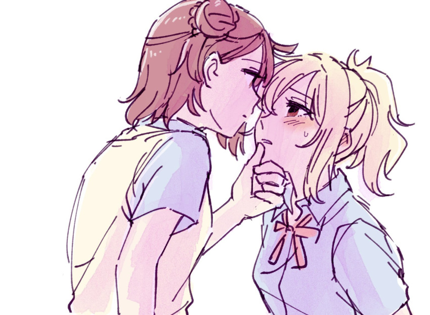 2girls aroused blonde_hair blush braid braided_bun closed_mouth commentary ear_blush eye_contact gyaru hair_between_eyes hair_bun hand_on_another's_chin incoming_kiss looking_at_another looking_down looking_up love_live! love_live!_nijigasaki_high_school_idol_club medium_hair miyashita_ai multiple_girls nijigasaki_academy_school_uniform orange_hair parted_lips red_eyes school_uniform short_ponytail sidelocks single_side_bun solllolll sweatdrop uehara_ayumu white_background yuri