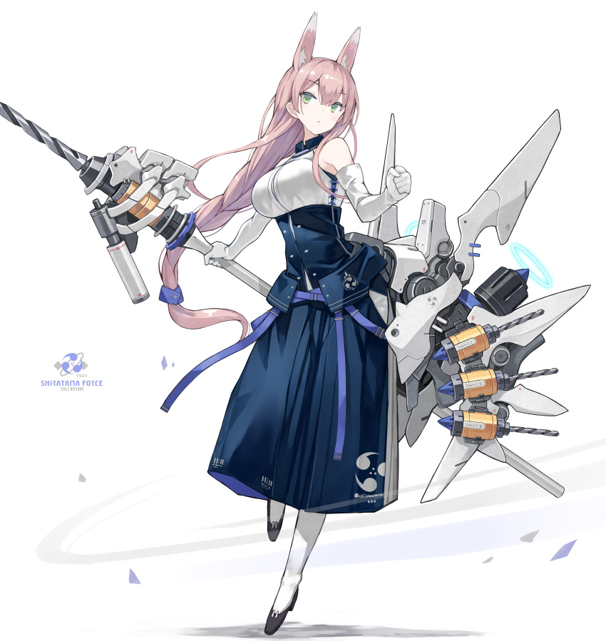 1girl absurdres animal_ear_fluff animal_ears bare_shoulders black_footwear blue_dress braid breasts bright_pupils clenched_hand commentary_request cross-laced_clothes cross-laced_dress dress elbow_gloves english_text fox_ears full_body gloves green_eyes hands_up highres holding holding_polearm holding_weapon large_breasts long_braid long_hair looking_at_viewer looking_to_the_side machinery mitsudomoe_(shape) momoyama_tsutsune original pantyhose parted_lips pink_hair poco_(asahi_age) polearm power_drill shoes simple_background single_braid sleeveless sleeveless_dress solo tomoe_(symbol) underbust very_long_hair weapon white_background white_gloves white_pantyhose white_pupils