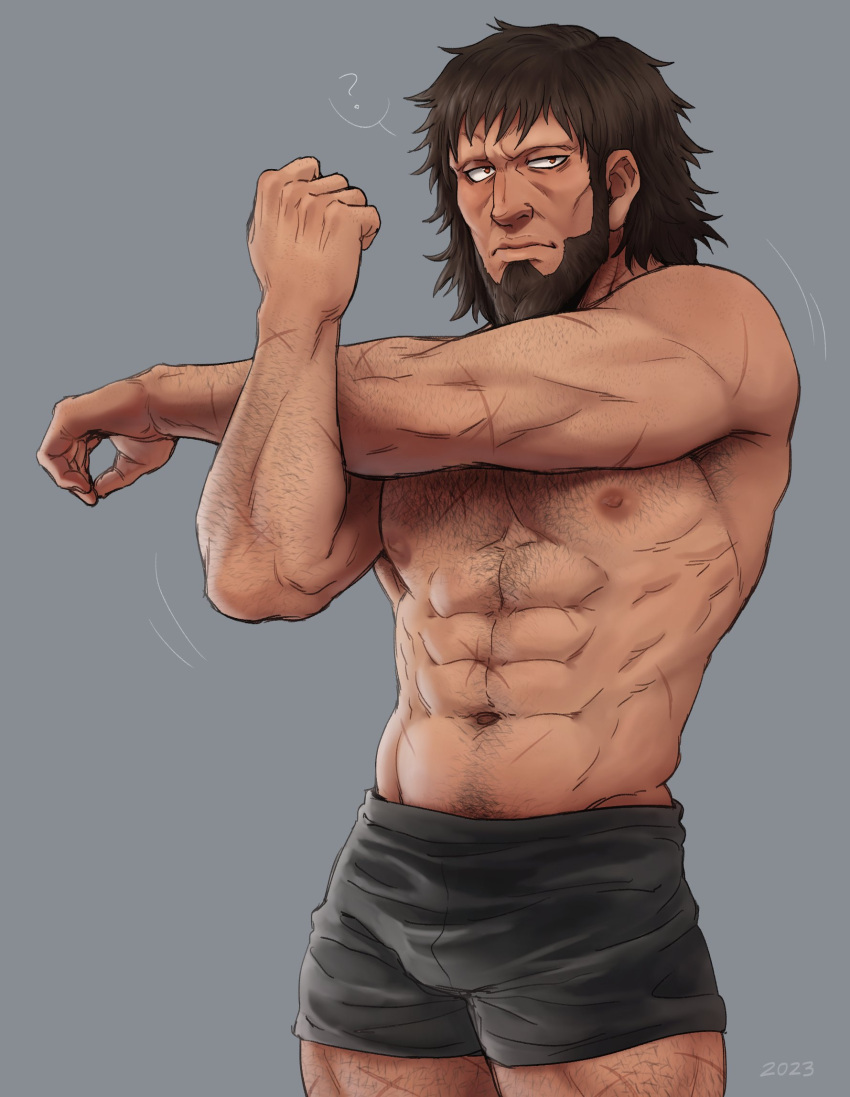 1boy ? abs arm_hair bara beard bjorn_(vinland_saga) black_male_underwear boxers brown_hair bulge chest_hair dark-skinned_male dark_skin daxratchet facial_hair hairy highres large_pectorals leg_hair long_hair male_focus male_underwear mature_male motion_lines muscular muscular_male navel navel_hair nipples obliques pectorals scar scar_on_arm scar_on_chest scar_on_stomach solo standing stomach stretching strongman_waist thick_eyebrows thick_thighs thighs topless_male underwear vinland_saga