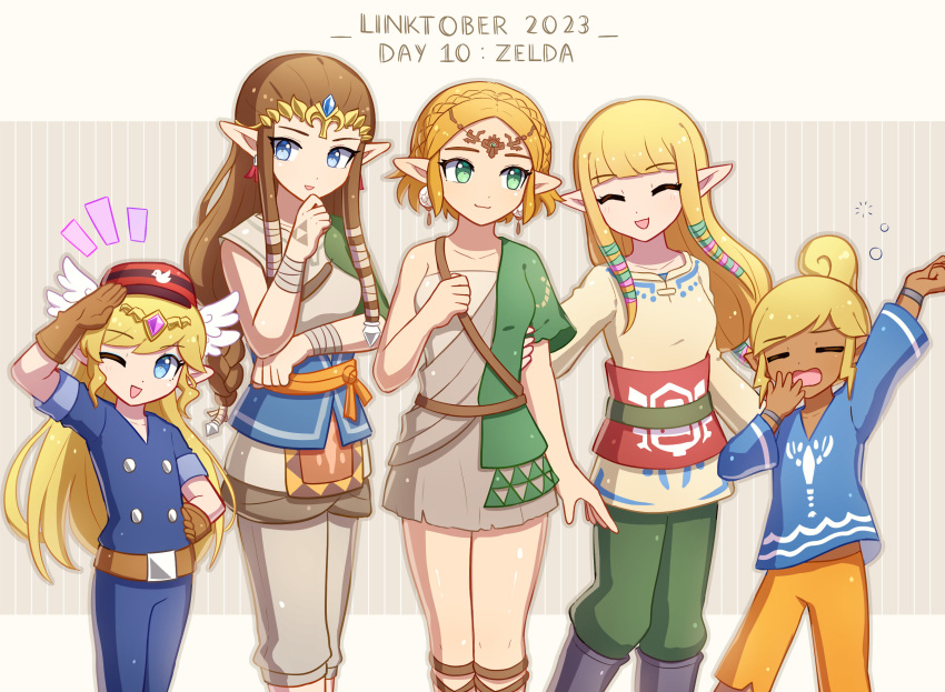 5girls alternate_costume blonde_hair blue_eyes blunt_bangs brown_hair closed_eyes cosplay dark-skinned_female dark_skin enni green_eyes highres link link_(cosplay) looking_at_viewer multiple_girls open_mouth pajamas pointy_ears princess_zelda salute short_hair the_legend_of_zelda the_legend_of_zelda:_skyward_sword the_legend_of_zelda:_spirit_tracks the_legend_of_zelda:_tears_of_the_kingdom the_legend_of_zelda:_the_wind_waker the_legend_of_zelda:_twilight_princess tiara toon_link toon_link_(cosplay) yawning