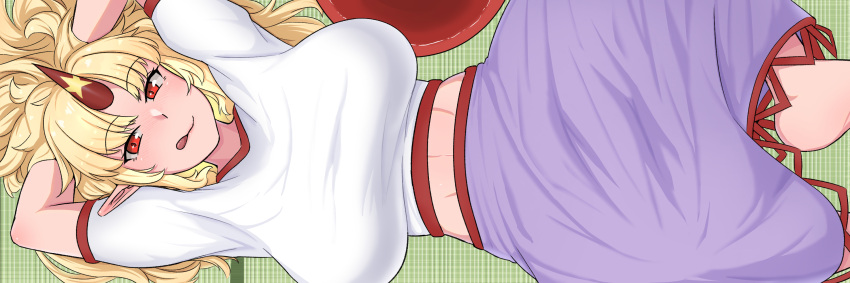 1girl :q arms_behind_head barefoot blonde_hair blush breasts bunsuirei closed_mouth commentary_request foot_out_of_frame highres horns hoshiguma_yuugi large_breasts long_hair looking_at_viewer medium_bangs midriff on_floor parted_bangs pointy_ears purple_skirt red_eyes red_horns shirt short_sleeves sideways single_horn skirt smile solo star_(symbol) t-shirt tatami tongue tongue_out touhou white_shirt