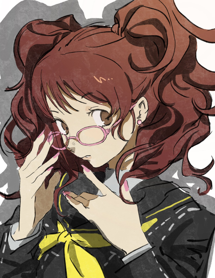 aeo444 bespectacled black_serafuku brown_eyes earrings glasses highres jewelry kujikawa_rise long_hair nail_polish persona persona_4 pink-framed_eyewear pink_nails red_hair school_uniform serafuku stud_earrings twintails upper_body yasogami_school_uniform