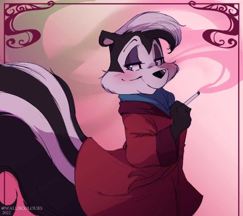 anthro big_tail cigarette clothing eyeshadow hi_res looking_at_viewer looney_tunes makeup male mammal mephitid pepe_le_pew robe skunk smoking solo tail walliscolours warner_brothers willisrisque