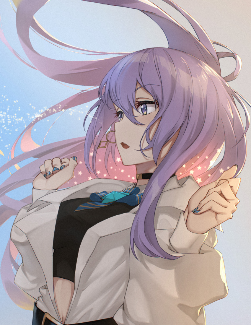 1girl belt black_choker blue_nails choker crop_top earrings fang highres hololive hololive_indonesia jacket jewelry latekeeper_(odoki_banana) long_hair midriff_peek moona_hoshinova purple_eyes purple_hair single_earring virtual_youtuber white_jacket