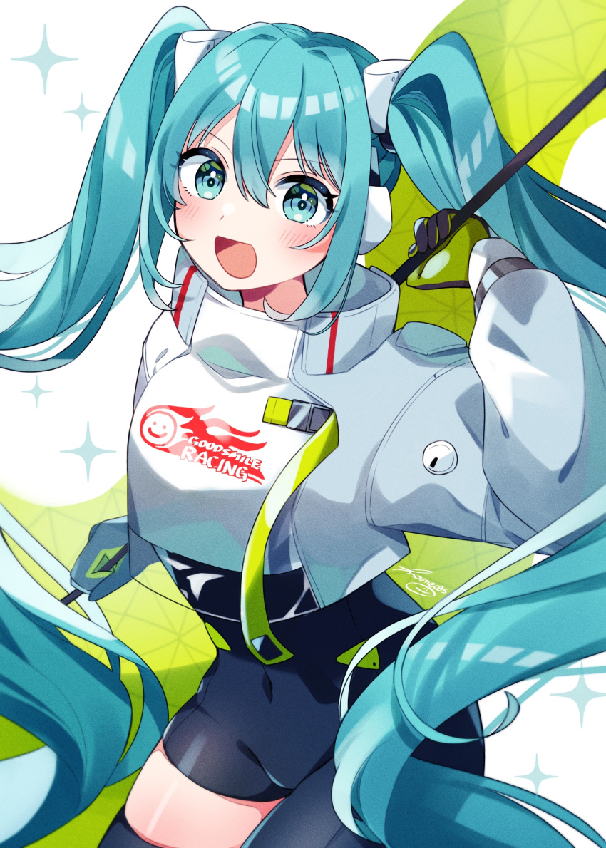 1girl :d aqua_eyes aqua_hair asymmetrical_bodysuit black_bodysuit black_gloves blush bodysuit commentary covered_navel cowboy_shot cropped_jacket gloves goodsmile_racing green_gloves hair_between_eyes hair_ornament hatsune_miku headphones high_collar highres holding holding_pole jacket long_hair looking_at_viewer mamec0s mixed-language_commentary open_mouth pole race_queen racing_miku racing_miku_(2022) romaji_commentary signature smile solo sparkle twintails two-tone_gloves very_long_hair vocaloid white_jacket