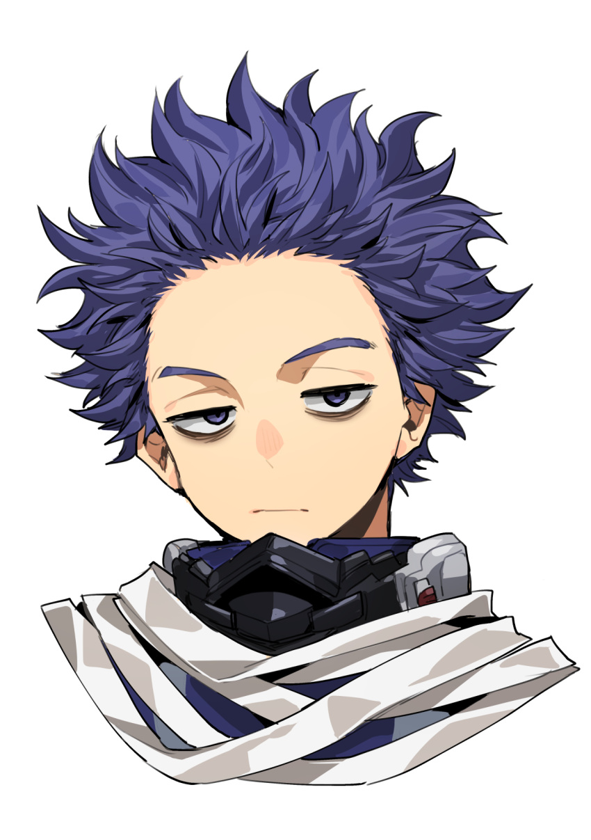 1boy bags_under_eyes boku_no_hero_academia closed_mouth cropped_shoulders highres looking_at_viewer male_focus purple_eyes purple_hair shinsou_hitoshi short_hair solo spiked_hair superhero yadayada