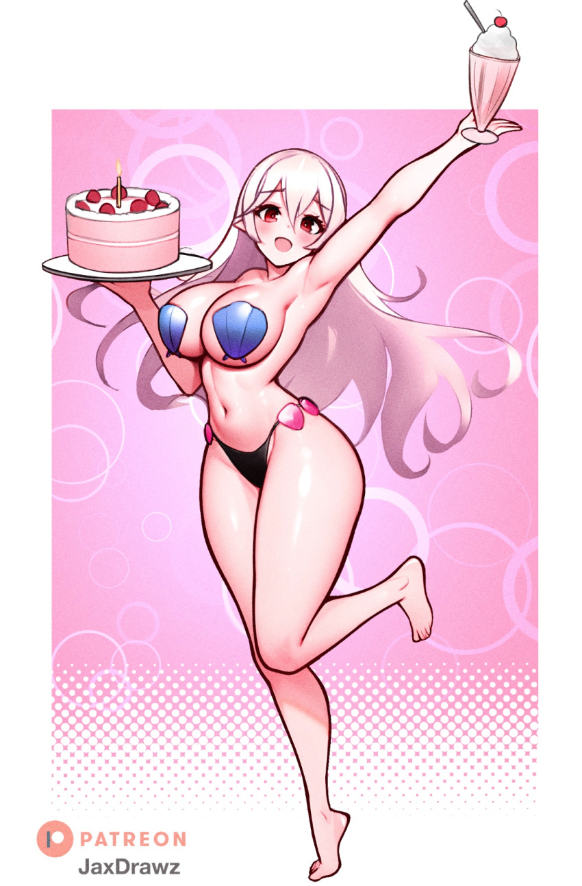 1girl alternate_breast_size alternate_costume arm_up armpits artist_name bikini black_bikini_bottom border breasts cherry commentary commission corrin_(female)_(fire_emblem) corrin_(fire_emblem) english_commentary eyelashes fire_emblem fire_emblem_fates food fruit full_body grey_hair hair_between_eyes happy_birthday highleg highleg_bikini highres holding huge_breasts jaxdrawz knees_together_feet_apart legs long_hair milkshake navel patreon_logo patterned_background pink_background pointy_ears red_eyes shell shell_bikini solo standing standing_on_one_leg swimsuit thick_thighs thighs tiptoes whipped_cream white_border