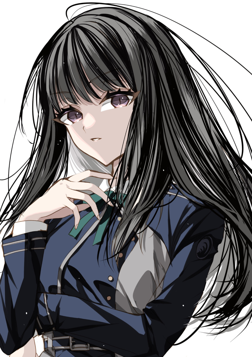 1girl black_hair blue_dress collared_shirt dress green_ribbon grey_dress hand_up highres inoue_takina long_hair long_sleeves looking_at_viewer lycoris_recoil lycoris_uniform misteor neck_ribbon parted_lips purple_eyes ribbon shirt simple_background solo two-tone_dress upper_body white_background white_shirt