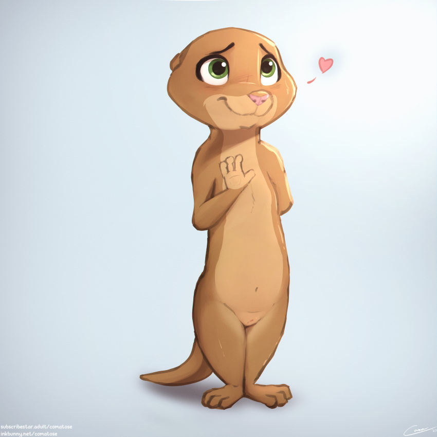 2023 4_fingers absurd_res anthro black_pupils brown_body brown_tail comatose disney female fingers genitals green_eyes hi_res iris mammal mrs._otterton mustelid nude otter pink_nose pupils pussy shadow standing tail zootopia